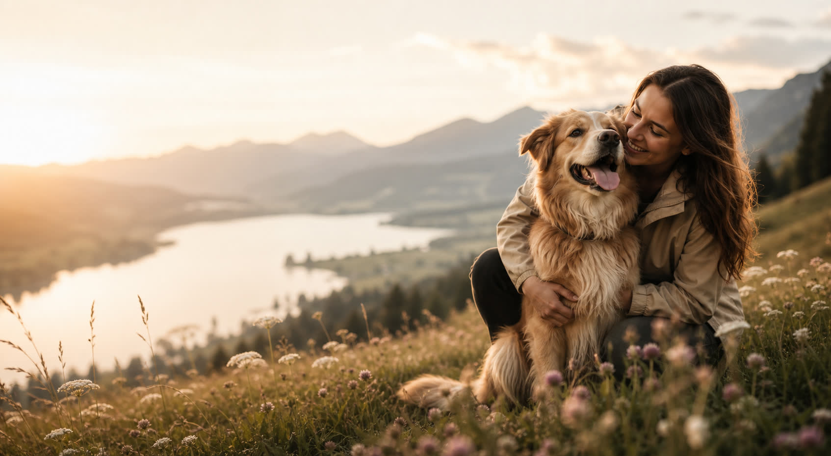Mensch-Hund-Team in warmer Landschaft